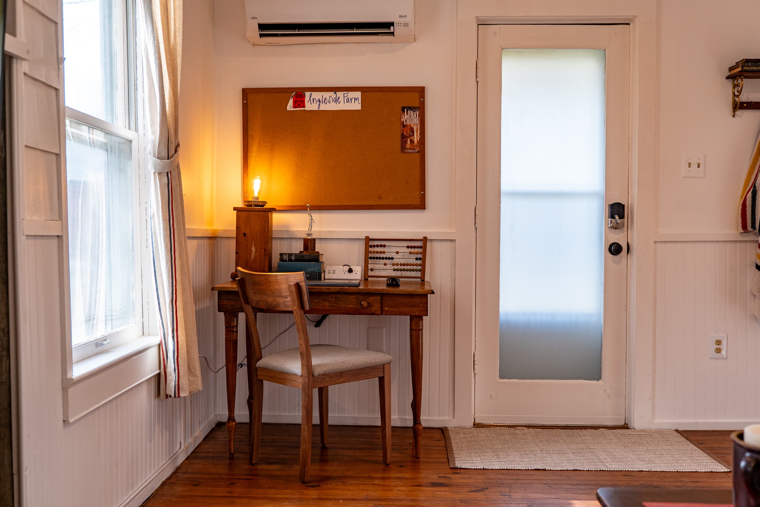 Writing desk with warm lamp light